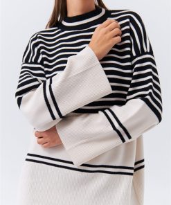 Alternative view of Dunipa Crew Neck Striped Loose Knitwear in Cream