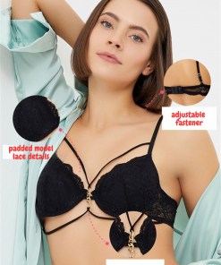 Alternative view of Cottonhill Lace Women Bra with Chain Detail, Adjustabel and Padded - Black