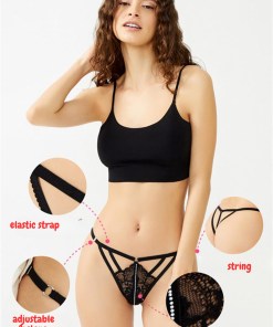 Alternative view of Cottonhill Rhinestone Detailed Women Thong with Adjustable Waistband Adjustable Waistband - Black