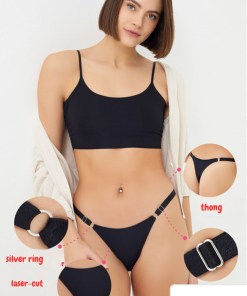 Alternative view of Cottonhill Laser Cut Women Thong with Ring Detail and Adjustable Waistband - Black