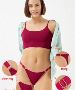 Alternative view of Cottonhill Laser Cut Women Thong with Ring Detail and Adjustable Waistband - Cherry