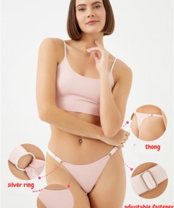 Alternative view of Cottonhill Laser Cut Women Thong with Ring Detail and Adjustable Waistband - Powder