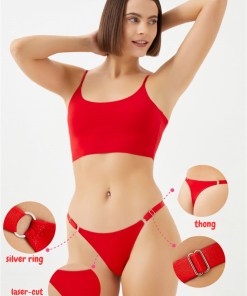 Alternative view of Cottonhill Laser Cut Women Thong with Ring Detail and Adjustable Waistband - Red