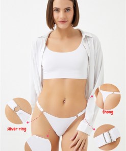 Alternative view of Cottonhill Laser Cut Women Thong with Ring Detail and Adjustable Waistband - White