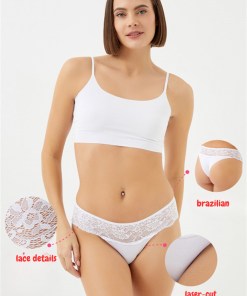 Alternative view of Cottonhill Laser Cut Women Brazilian Panty with Lace End - White