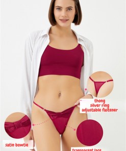 Alternative view of Cottonhill Transparent and Tulle Satin Detailed Women Thong with Adjustable Waistband - Cherry