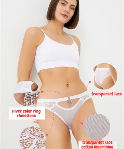 Alternative view of Cottonhill Transparent Tulle, Lace and Rhinestone Detailed Brazilian Cut Women Panty - White