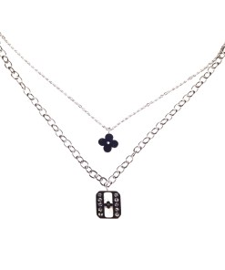 Alternative view of Dunipa Double Chains Clovers Stainless Steel Necklace - Silver Color