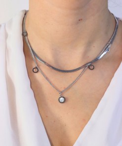 Dunipa Double Chains Roman Numerals and Circles Stainless Steel Necklace - Silver Color