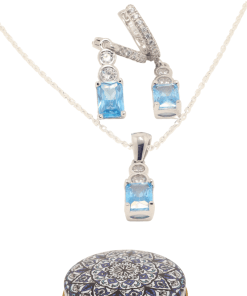 Dunipa 925 Carat Silver Necklace and Earrings Set with Zircon Stones Model 005 - Blue