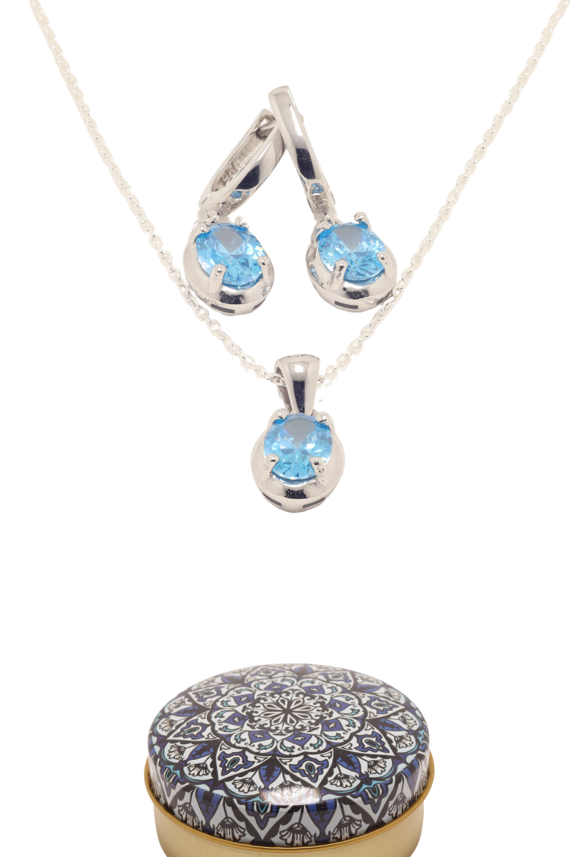 Dunipa 925 Carat Silver Necklace and Earrings Set with Zircon Stones Model 006 - Blue