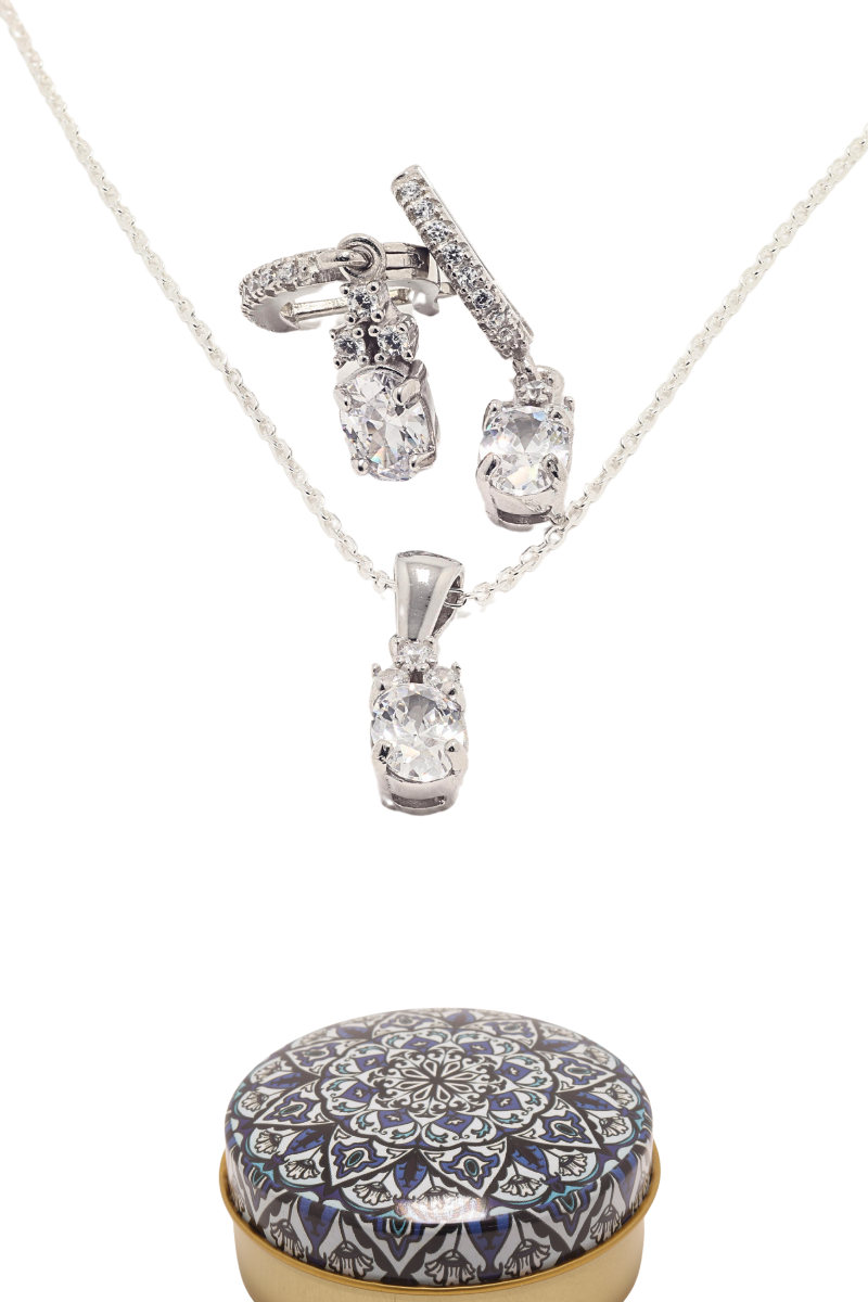 Dunipa 925 Carat Silver Necklace and Earrings Set with Zircon Stones Model 007 - Crystal