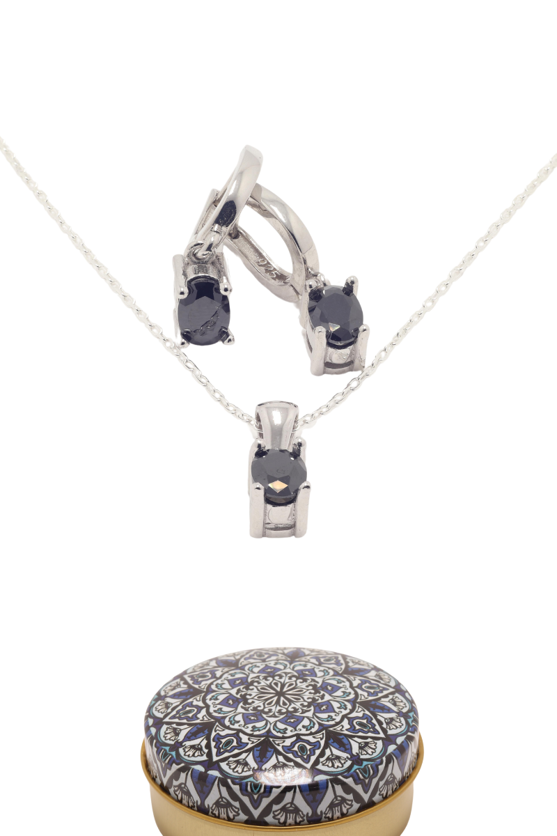 Dunipa 925 Carat Silver Necklace and Earrings Set with Zircon Stones Model 009 - Black