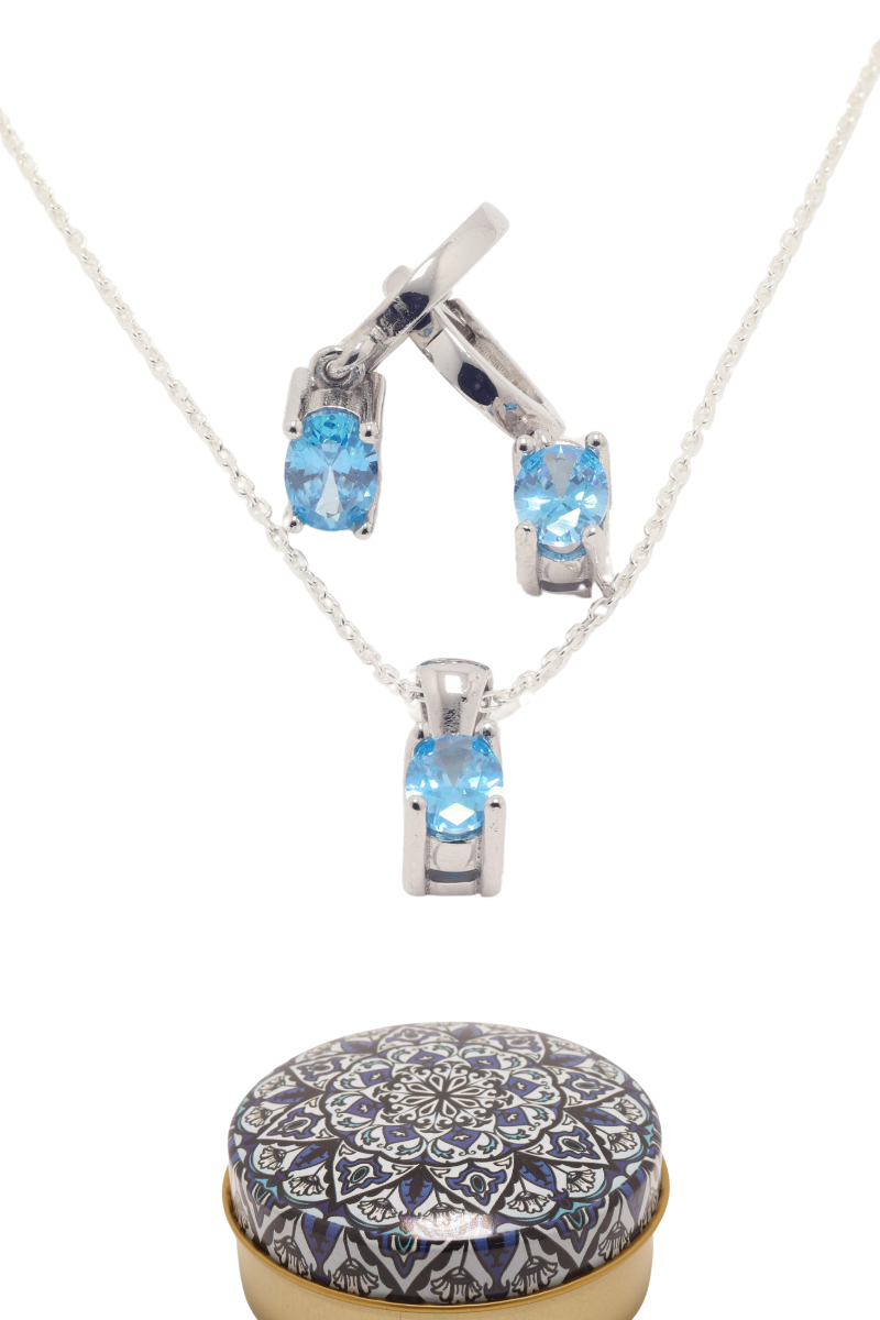 Dunipa 925 Carat Silver Necklace and Earrings Set with Zircon Stones Model 009 - Blue