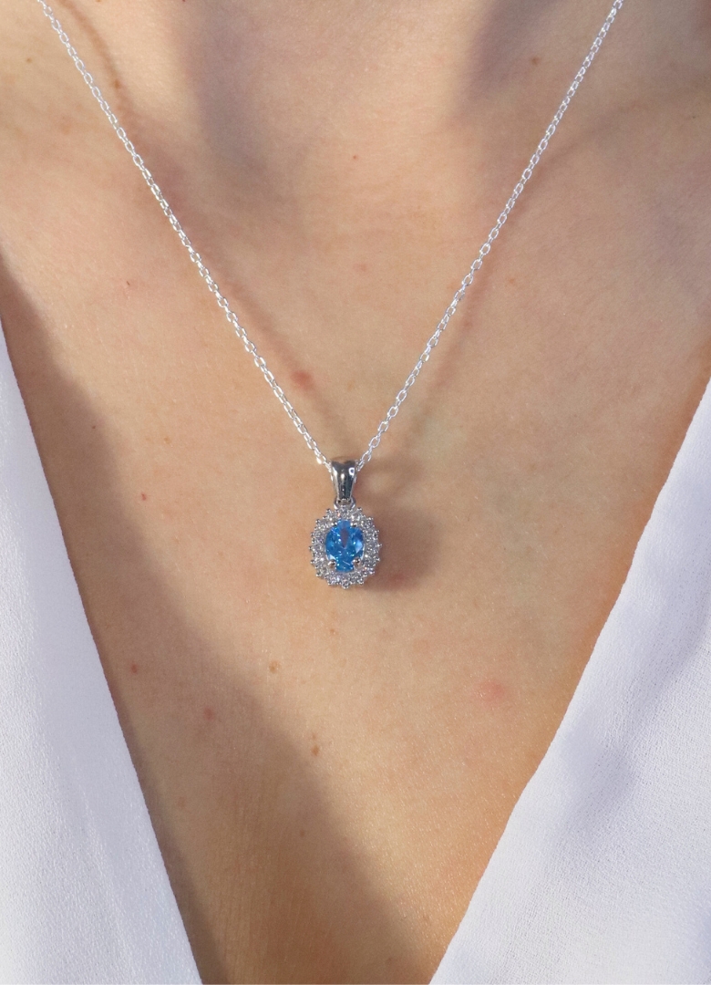 Dunipa 925 Carat Silver Necklace and Earrings Set with Zircon Stones Model 010 - Blue - Image 2