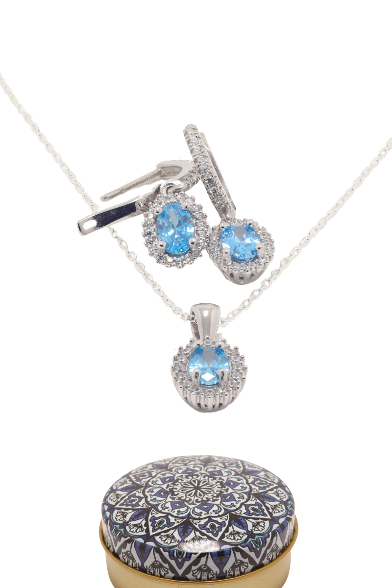 Dunipa 925 Carat Silver Necklace and Earrings Set with Zircon Stones Model 010 - Blue