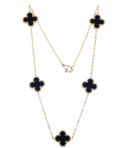 Dunipa Stainless Steel Necklace Five Black Clovers - Gold Color