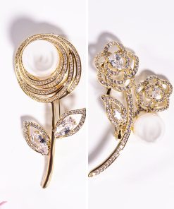 Stainless Steel 2-Piece Flower Brooch Set – Zircon Stones, Gold Plated, Pearl Detail