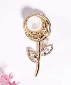 Alternative view of Stainless Steel 2-Piece Flower Brooch Set – Zircon Stones, Gold Plated, Pearl Detail