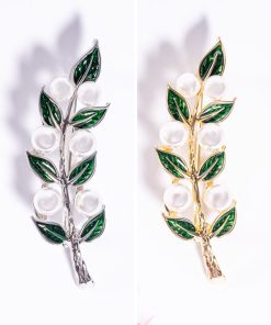 Stainless Steel 2-Piece Leaf & Pearl Brooch Set – Gold and Silver Tone, Elegant Design