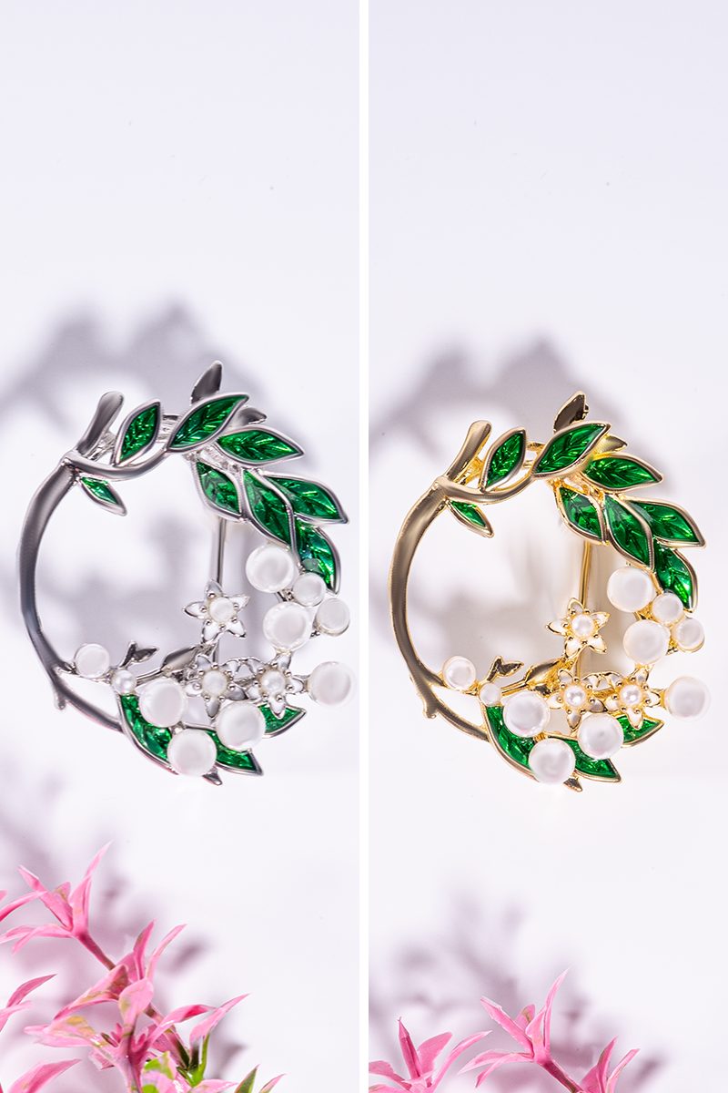 Stainless Steel 2-Piece Wreath & Pearl Brooch Set – Gold and Silver Tone, Elegant Design