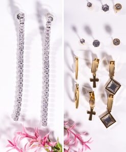 Stainless Steel 14-Piece Earring Set – Long Crystal Drop & Multi-Style Modern Designs