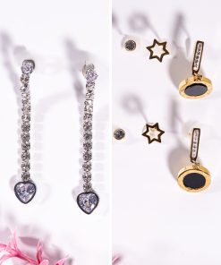 Stainless Steel 8-Piece Earring Set – Heart Drop & Multi-Style Modern Designs