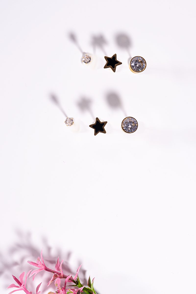 2 Packs – 18 Pieces Stylish Earrings Set (Studs & Hoops, Stainless Steel, Gold Tone) - Image 3