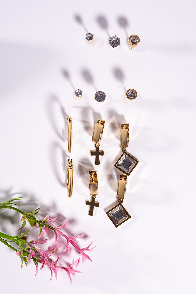 2 Packs – 18 Pieces Stylish Earrings Set (Studs & Hoops, Stainless Steel, Gold Tone) - Image 2