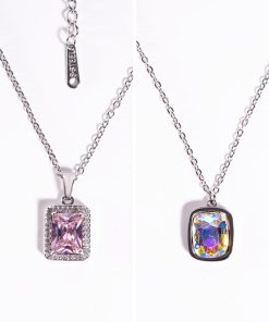 2-Piece Necklace Set with Pink Crystal Pendant and Aurora Gem Pendant