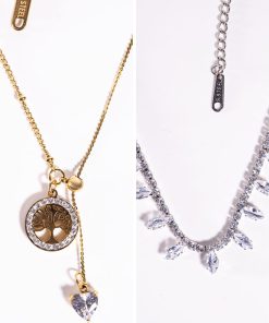 Tree of Life & Crystal Heart Necklace + Elegant Crystal Leaf Necklace – 2 Pieces Set