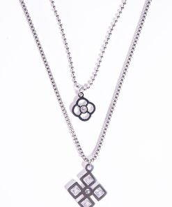Alternative view of 2 Piece Silver Necklace Set with Black Flower, Geometric Square and Crystal Rectangle Pendants