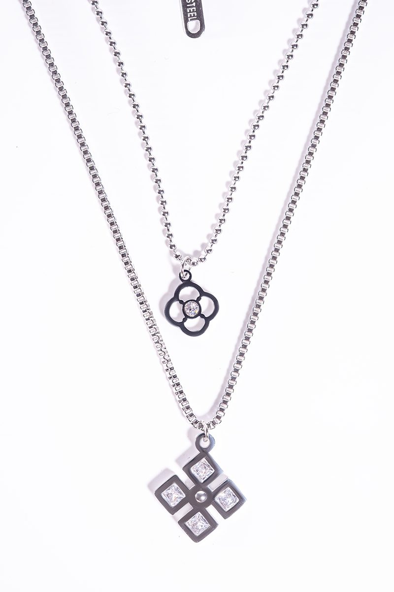 2 Piece Silver Necklace Set with Black Flower, Geometric Square and Crystal Rectangle Pendants - Image 2