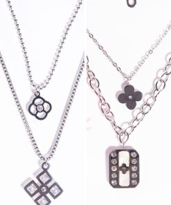 2 Piece Silver Necklace Set with Black Flower, Geometric Square and Crystal Rectangle Pendants