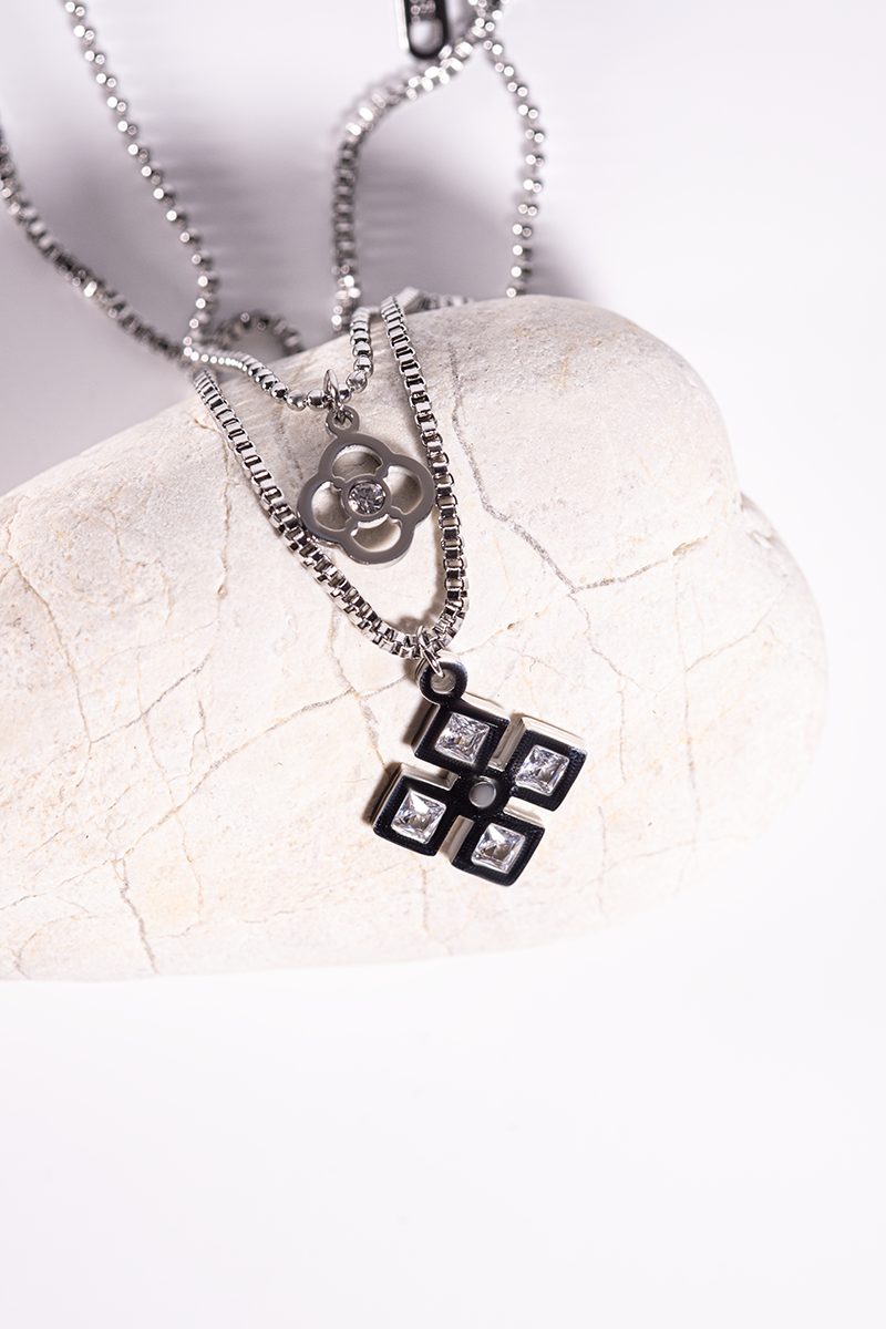 2 Piece Silver Necklace Set with Black Flower, Geometric Square and Crystal Rectangle Pendants - Image 3