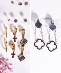 Stainless Steel Earrings Set with Mixed Geometric and Crystal Designs (2 Packs – 14 Pieces / 7 Pairs)