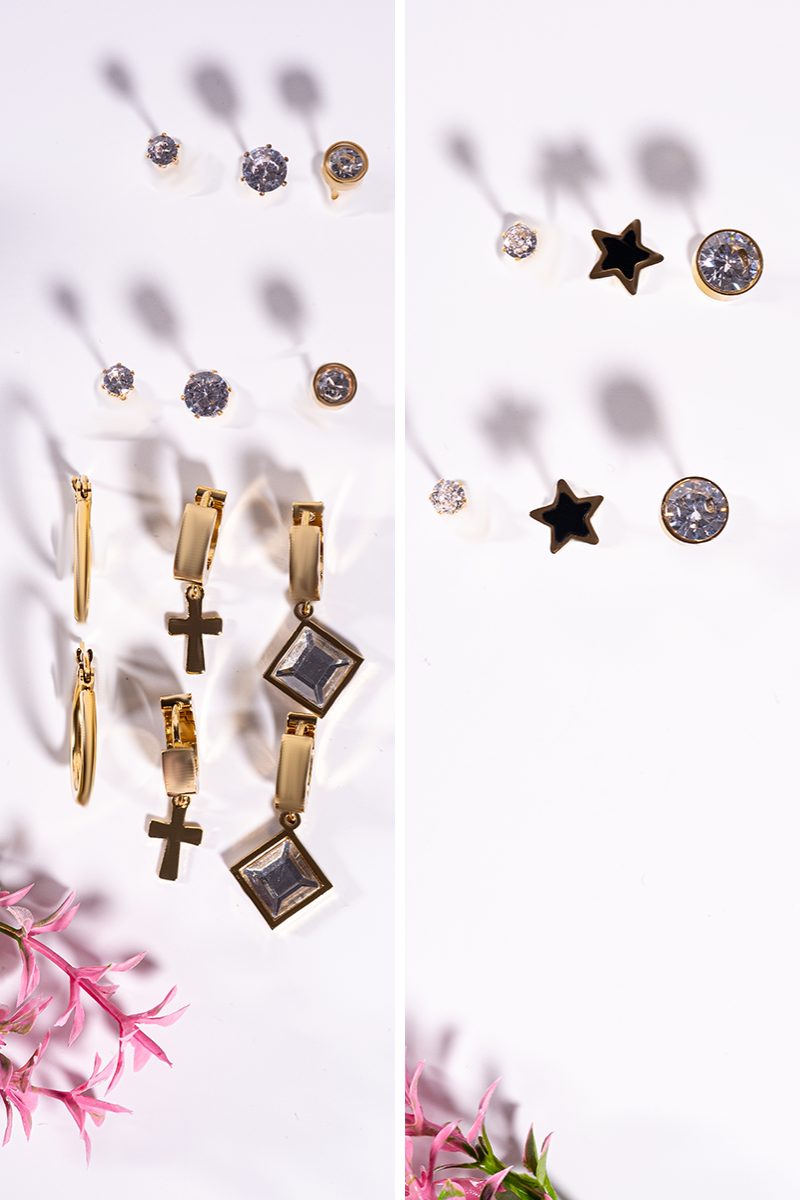 2 Packs – 18 Pieces Stylish Earrings Set (Studs & Hoops, Stainless Steel, Gold Tone)