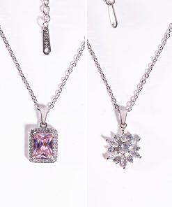 Set of 2 Silver Necklaces – Pink Rectangle Pendant & Snowflake Crystal Pendant